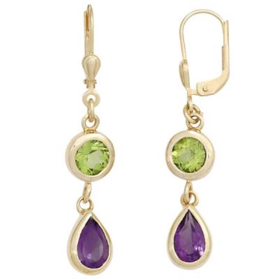 Boutons 585 Gold Gelbgold 2 Amethyste 2 Peridote grün Ohrringe | 42444 / EAN:4053258250853