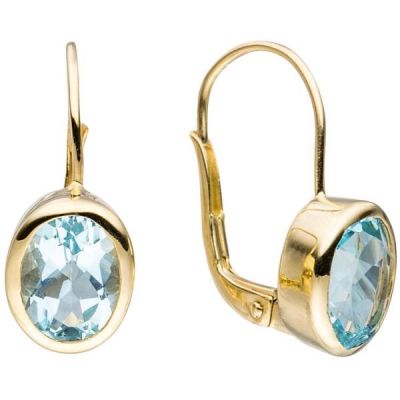 Boutons oval 333 Gold Gelbgold 2 Blautopase hellblau blau Ohrringe | 44902 / EAN:4053258291375