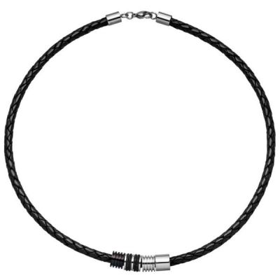 Collier Halskette Leder mit Edelstahl und Kautschuk 45 cm Lederkette | 40268 / EAN:4053258213049