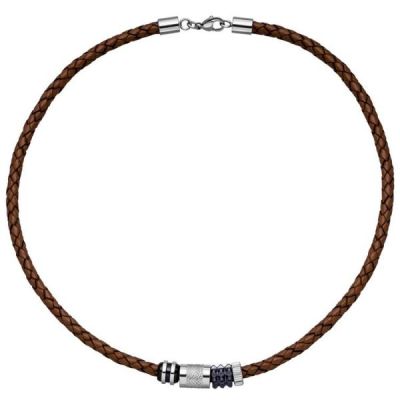 Collier Leder mit Edelstahl kombiniert teilplattiert 45 cm Karabiner | 40281 / EAN:4053258213162