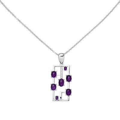 Collier mit Anhänger 925 Silber 7 Amethyst-Cabochons lila 7 Zirkonia 45 cm | 51809 / EAN:4053258461365