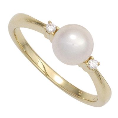 Damen Ring 585 Gelbgold, 1 Perle , 2 Diamanten Brillanten | 42570 / EAN:4053258253762