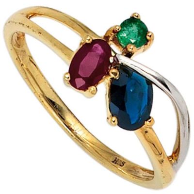 Damen Ring 585 Gelbgold Rubin 1 Safir 1 Smaragd Goldring | 39774 / EAN:4053258235409