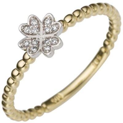 Damen Ring Kleeblatt 585 Gelbgold Weißgold 12 Diamanten | 50427 / EAN:4053258348734