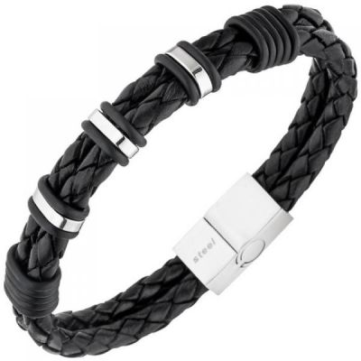 Herren Armband 2-reihig Leder schwarz mit Edelstahl 21 cm Herrenarmband | 48834 / EAN:4053258334249