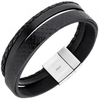 Herren Armband 4-reihig Leder schwarz geflochten Edelstahl 21 cm Herrenarmband | 48837 / EAN:4053258334270