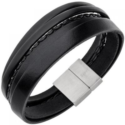 Herren Armband 5-reihig Leder schwarz geflochten Edelstahl 21 cm Herrenarmband | 48836 / EAN:4053258334263