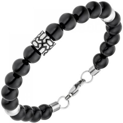 Herren Armband Onyx Kugeln mit Edelstahl 21 cm Herrenarmband schwarz | 48827 / EAN:4053258334171