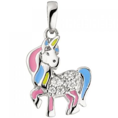 Kinder Anhänger Einhorn 925 Sterling Silber rosa hellblau 7 Zirkonia | 50308 / EAN:4053258351550