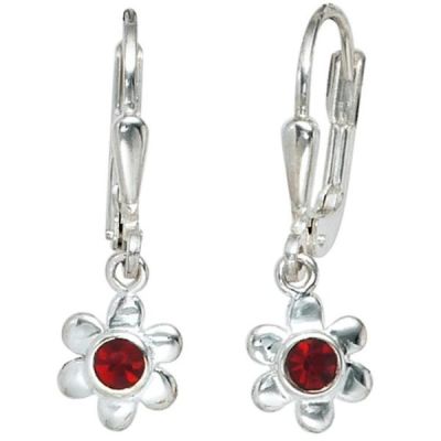 Kinder Boutons Blume 925 Silber 2 rote Glassteine Ohrringe Ohrhänger | 40079 / EAN:4053258211274