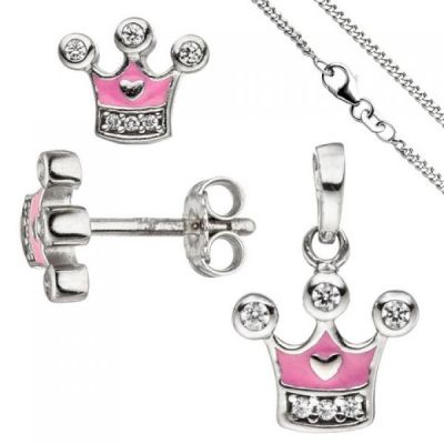 Kinder Mädchen Schmuck-Set Krone pink rosa 925 Silber Zirkonia mit Kette 38 cm | 49830 / EAN:4053258346969