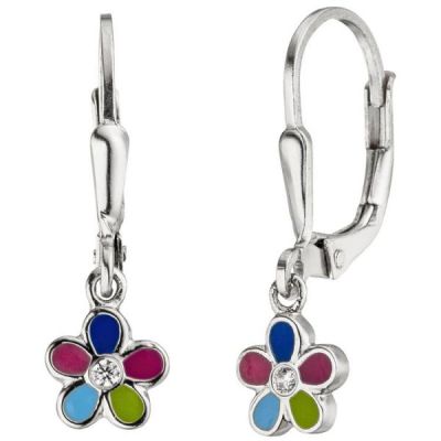 Kinder Ohrhänger Blume 925 Sterling Silber 2 Zirkonia Ohrringe Kinderohrringe | 51100 / EAN:4053258364260