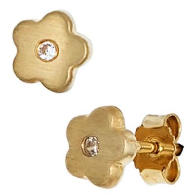 Kinder Ohrstecker Blume Blumen 333 Gold Gelbgold mattiert 2 Zirkonia Ohrringe | 40090 / EAN:4053258211335