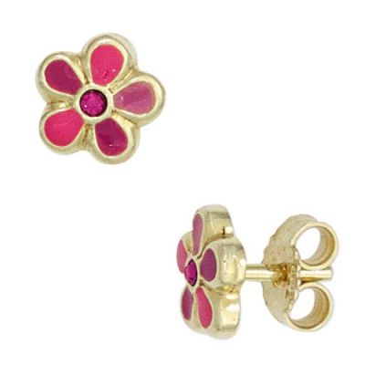 Kinder Ohrstecker Blume rosa pink 333 Gold Gelbgold Ohrringe Kinderohrringe | 42935 / EAN:4053258257807