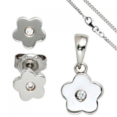 Kinder Schmuck-Set Blume 925 Silber mit Zirkonia Anhänger Ohrringe Kette 38 cm | 49840 / EAN:4053258347065