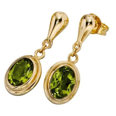 Ohrhänger oval 585 Gold Gelbgold 2 Peridote grün Ohrstecker Ohrringe | 35895 / EAN:4053258053423