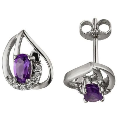 Ohrstecker 333 Gold Weißgold 14 Zirkonia 2 Amethyste lila violett | 51852 / EAN:4053258461952