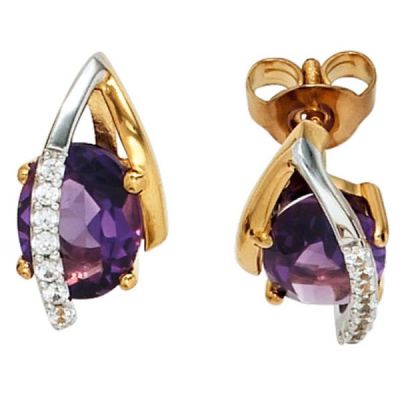 Ohrstecker 585 Gelbgold Weißgold 14 Diamanten 2 Amethyste lila violett | 39746 / EAN:4053258206249