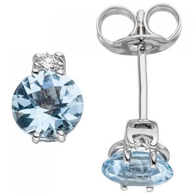 Ohrstecker 585 Weißgold 2 Diamanten Brillanten 2 Aquamarine hellblau | 48626 / EAN:4053258330876