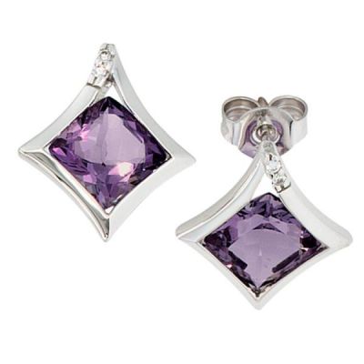 Ohrstecker 585 Weißgold 4 Diamanten 2 Amethyst lila violett Ohrringe | 35860 / EAN:4053258054529