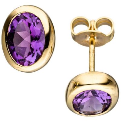 Ohrstecker oval 585 Gold Gelbgold 2 Amethyste lila violett Ohrringe Goldohrringe | 45156 / EAN:4053258295168