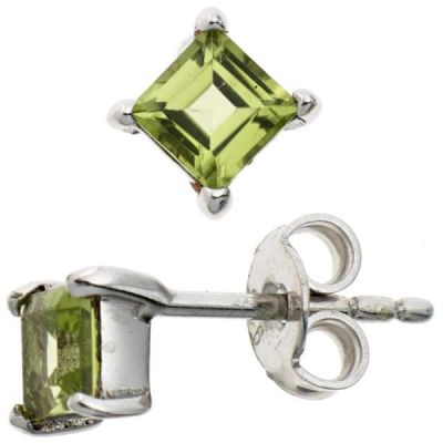 Ohrstecker quadratisch 925 Sterling Silber rhodiniert 2 Peridote grün Ohrringe | 40144 / EAN:4053258229781