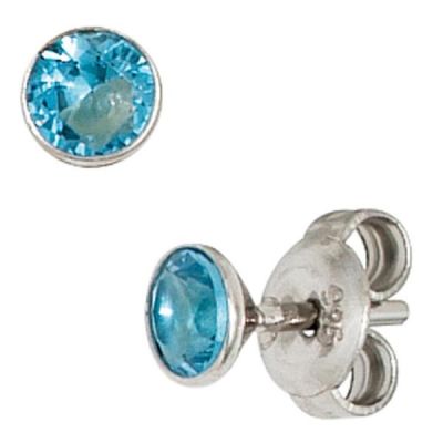 Ohrstecker rund 925 Sterling Silber rhodiniert 2 Zirkonia blau | 40595 / EAN:4053258219089