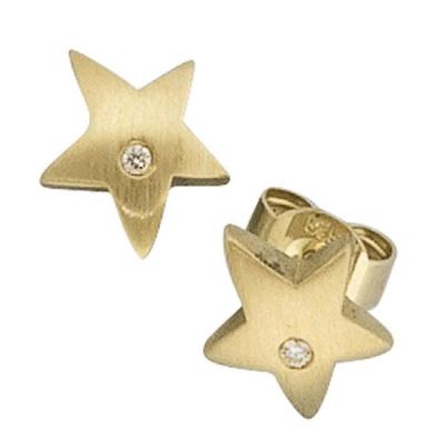 Ohrstecker Stern 585 Gelbgold matt 2 Diamanten Brillanten Ohrringe | 34477 / EAN:4053258044162