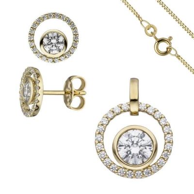 Schmuck-Set 333 Gelbgold mit Zirkonia Ohrstecker und Kette 45 cm | 51528 / EAN:4053258366486