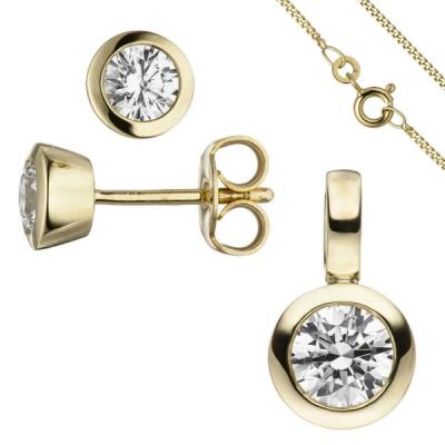 Schmuck-Set 333 Gold Gelbgold 3 Zirkonia Ohrstecker und Kette 42 cm | 51505 / EAN:4053258366318