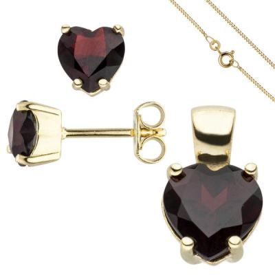 Schmuck-Set 333 Gold Gelbgold Granat-Herzen mit Kette 42 cm | 51515 / EAN:4053258539682