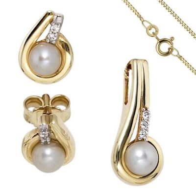 Schmuck-Set 333 Gold Gelbgold Perlen Zirkonia Ohrringe und Kette 42 cm | 51497 / EAN:4053258366233