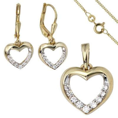 Schmuck-Set 333 Herz Gold Gelbgold Zirkonia Ohrringe Anhänger und Kette 42 cm | 51485 / EAN:4053258366158