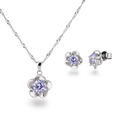 42cm - 925 Silber Rhodium Schmuckset Kette Anhänger und Ohrstecker Blume mit Zirkonia flieder | Set-Ca08-fl / EAN:4250887406631