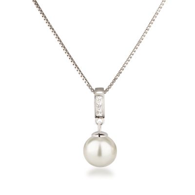 Creme - 925 Silber Anhänger-Kette mit Perle 10mm Zirkonia Farbwahl | Fi16-Ku10 / EAN:4250887408284