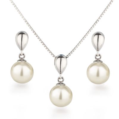 Creme - Perlenschmuck Set Glanz 925 Silber rhodiniert Perlen 10mm Farbwahl | Fr-Set02-Ku10 / EAN:4250887407096