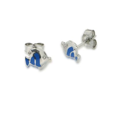 Niedliche Ohrstecker Fisch mit blauen Streifen, Kinderohrringe aus 925 Silber Rhodium | Ki-OS-10