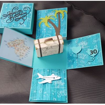 10 x 10 cm, Koffer - Explosionsbox "Reise ans Meer und Palmen" handgearbeitet | EX18