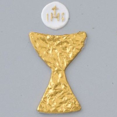 Wachsdekor, Kelch + Hostie, 40 x 30 mm, ø 15 mm, 2 Stk. / 4 - teilig, weiß gold | 3533005