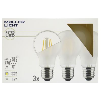 LED Filament Glühlampe, E27, 4W, 470lm, 2700K, warmweiß, matt, 3er Set | 1451887ett / EAN:4018412336149