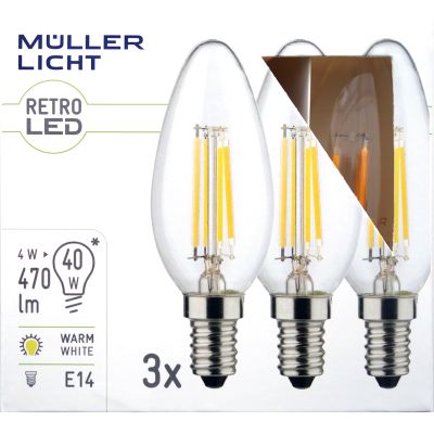 LED Filament Kerzenlampe, E14, 4W, 470lm, 2700K, warmweiß, 3er Set | 1451884ett / EAN:4018412336200