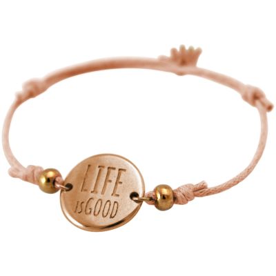 Gemshine - Damen - Armband - Gravur - LIFE IS GOOD - Rose Vergoldet - Hellkoralle - Rose | 11531677drops/gem