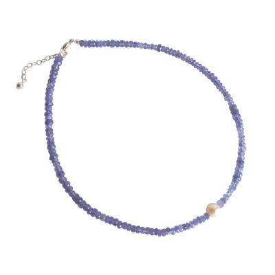 Gemshine - Damen - Halskette - Vergoldet - Tansanit - Blau - Lila - Perle - Weiß - 45 cm | 110677drops/gem