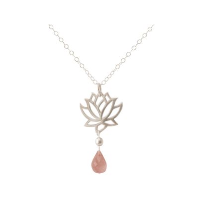 GEMSHINE Damenhalskette aus 925 Silber mit YOGA Lotusblume und Rosenquarz | 11613184drops/gem