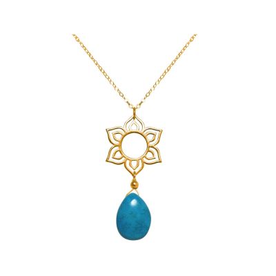 GEMSHINE Damenhalskette aus hochwertig vergoldetem 925 Silber mit YOGA Lotusblume und Türkis Tropfen | 11613202drops/gem