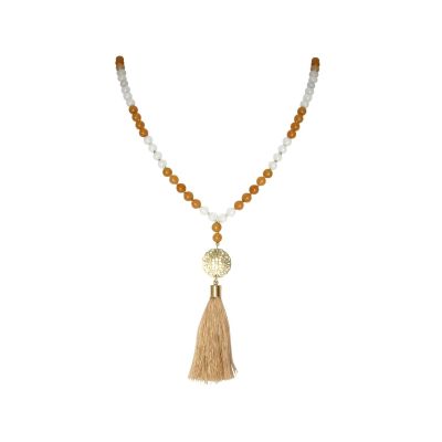 Gemshine - Mala Halskette - Anhänger - Vergoldet - Edelstein - Lachs - Beige - 80cm | 11612907drops/gem