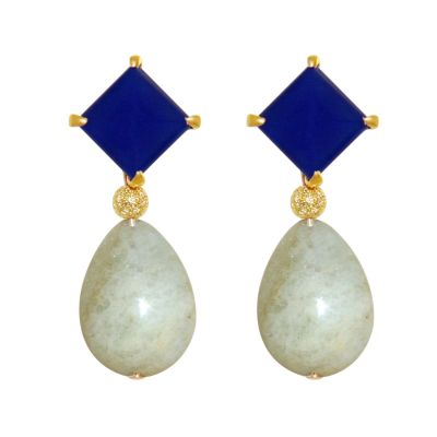 GEMSHINE Ohrringe mit blauen Chalcedon Cabochons und Aquamarin Edelstein Tropfen. | 11613714drops