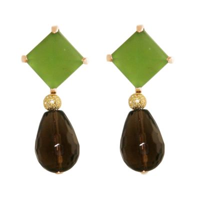 GEMSHINE Ohrringe mit grünen Chalcedon Cabochons und Rauchquarz Edelstein Tropfen | 11613719drops