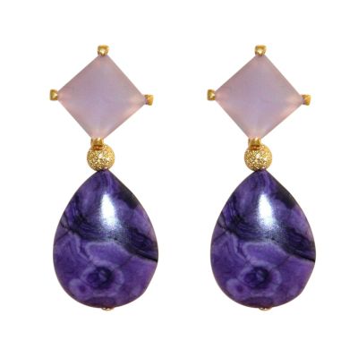 GEMSHINE Ohrringe mit lila violetten Chalcedon Cabochons und Achat Edelstein Tropfen | 11613721drops