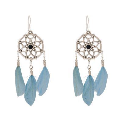 Gemshine - Traumfänger - Ohrringe - Silber - Boho - Feder - Blau - 7 cm | 11612926drops/gem